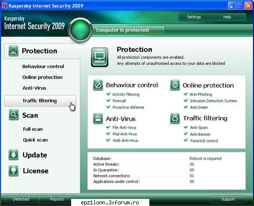 * protects from viruses, trojans, worms, spyware, adware
* scans files, email, and internet